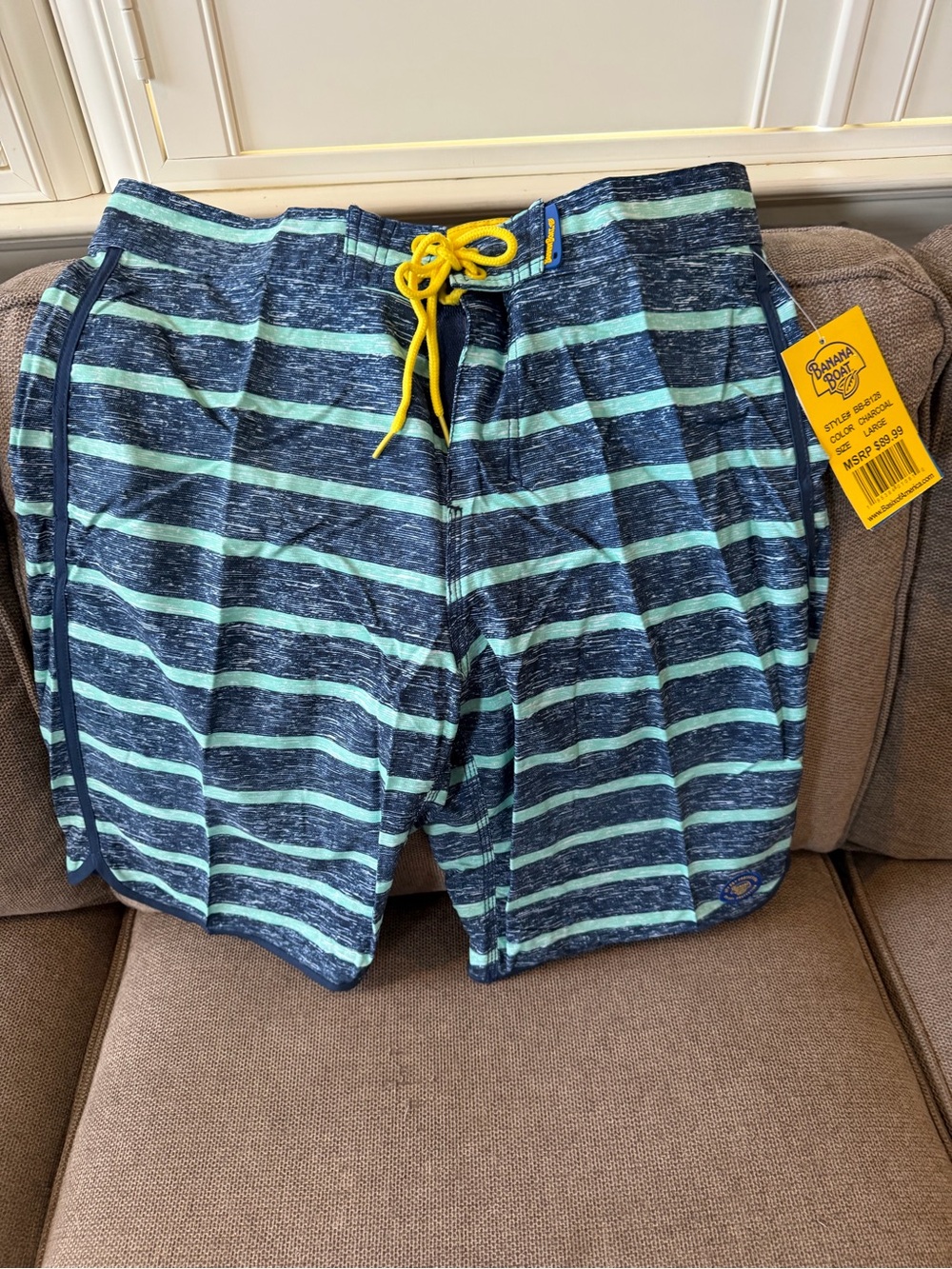 Banana Boat Navy & Mint Striped Men's Board Shorts with Yellow Drawstring NWT